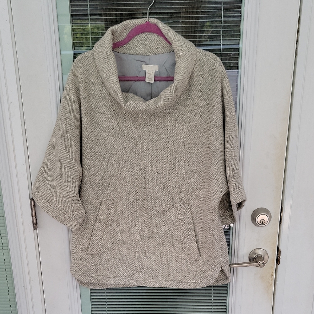 J. Crew Wool Blend Cowl Neck Herringbone Pullover Coat Sz M Kangaroo Pocket